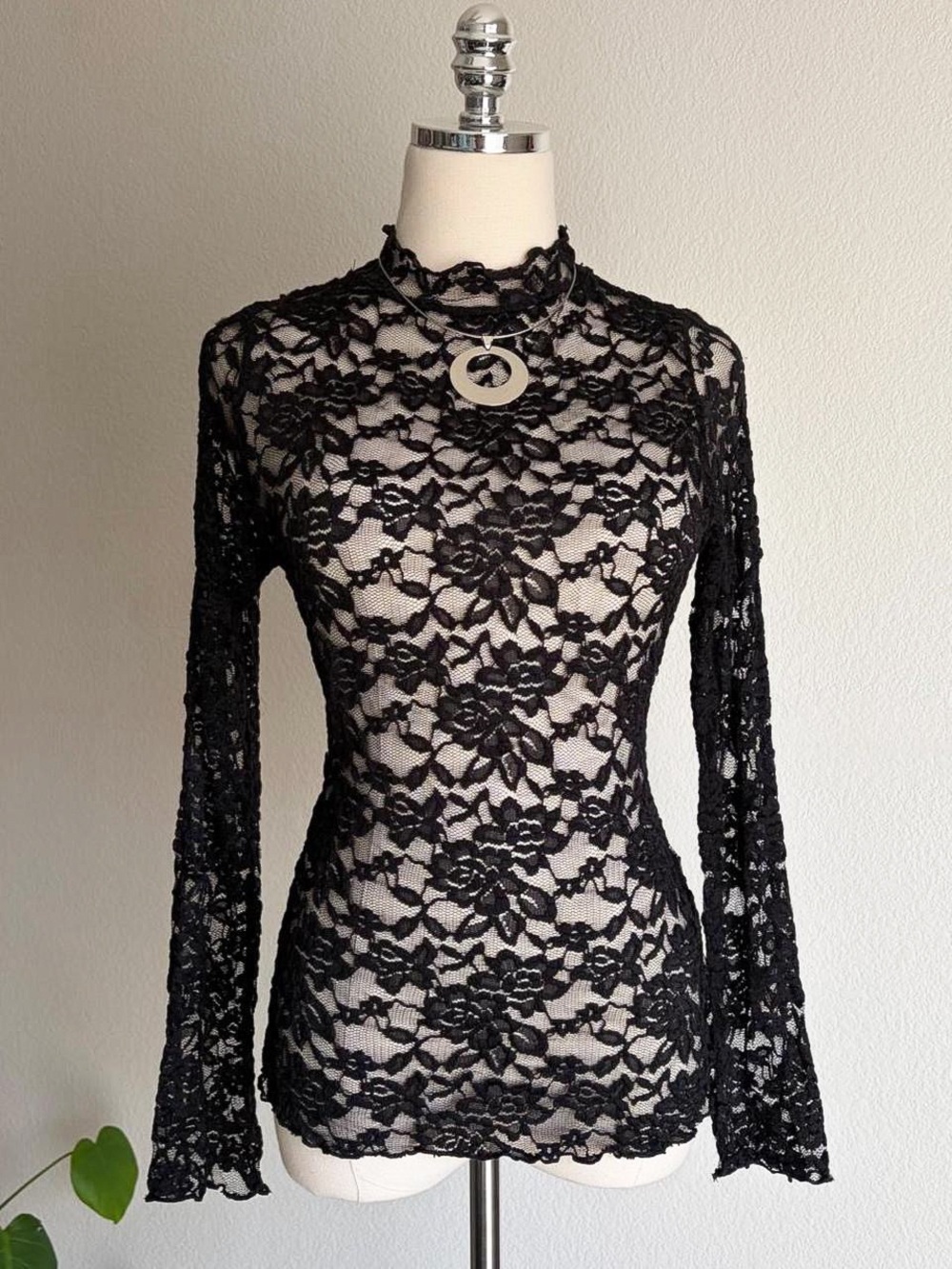 Vibe Black Floral Lace Long Sleeve Top with High Neck